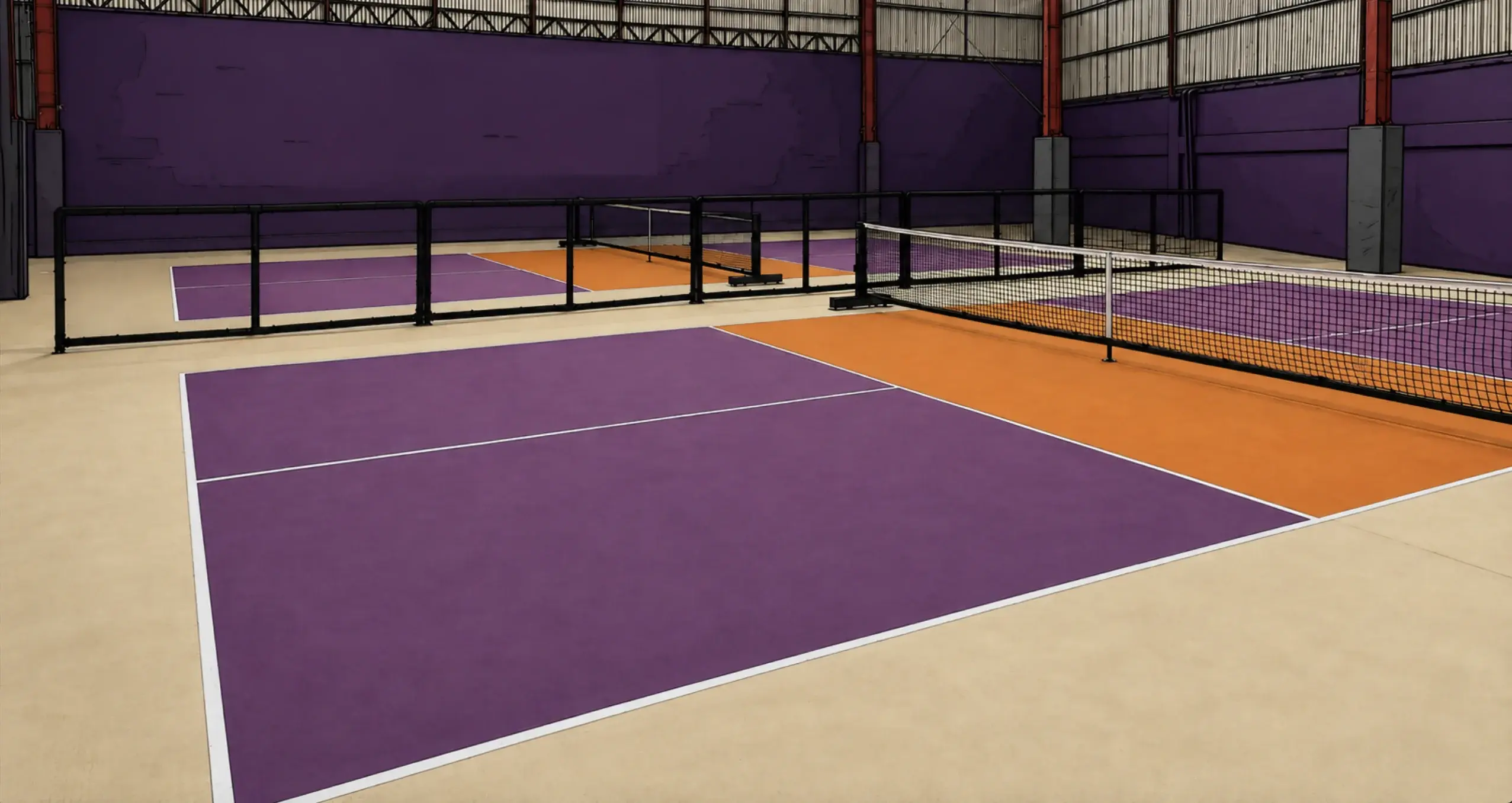 Indoor pickleball courts at PCKL RZRV in Marilao, Bulacan — purple playing surfaces with burnt-orange kitchens on a sand-coloured floor, divided by black perimeter fencing under a high steel roof.